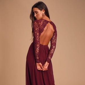 LuLus Burgandy Long Sleeve Lace Maxi Dress